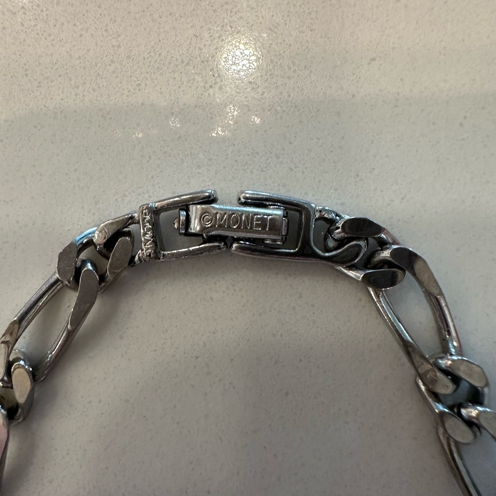 MONET VINTAGE FIGARO Silver LINK Chain Bracelet UNISEX 8” - Picture 2 of 5